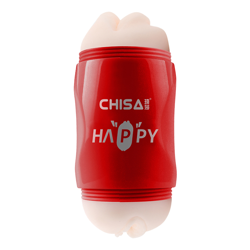 Red dual-ended male masturbator with 'CHISA HAPPY' text on a white background