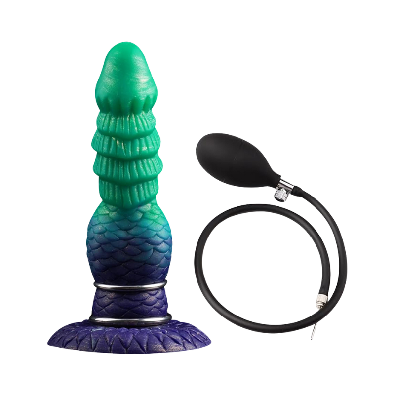 Turquoise and purple silicone dildo with black pump on a white background