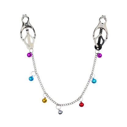 Metallic nipple clips connected by a chain with colorful beads on a white background