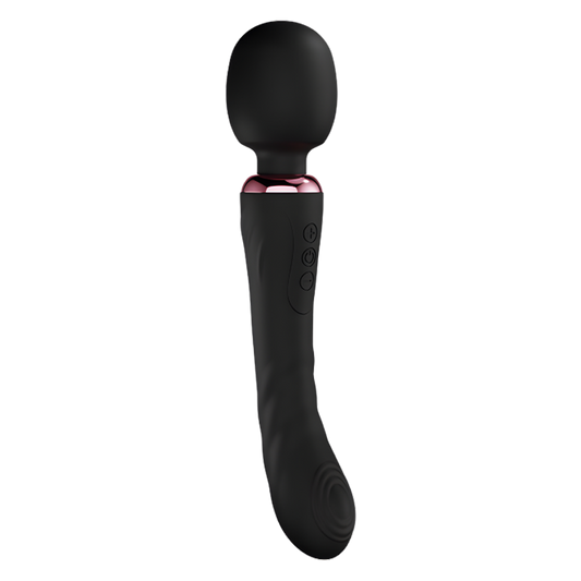 Black handheld wand vibrator or massager with pink band on a white background