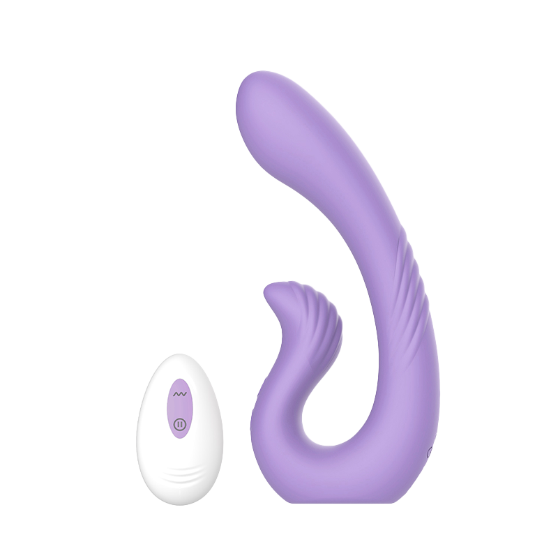 Purple curved silicone dual vibrator with a white remote control on transparent backgroud