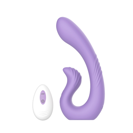 Purple curved silicone dual vibrator with a white remote control on transparent backgroud