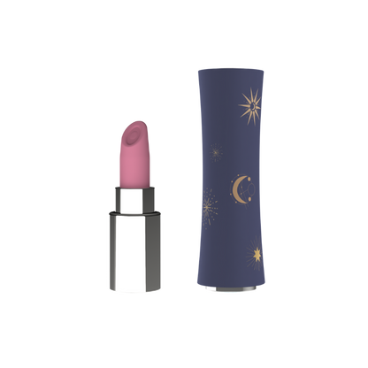 Pink lipstick vibrator with a navy case featuring celestial designs on a white background